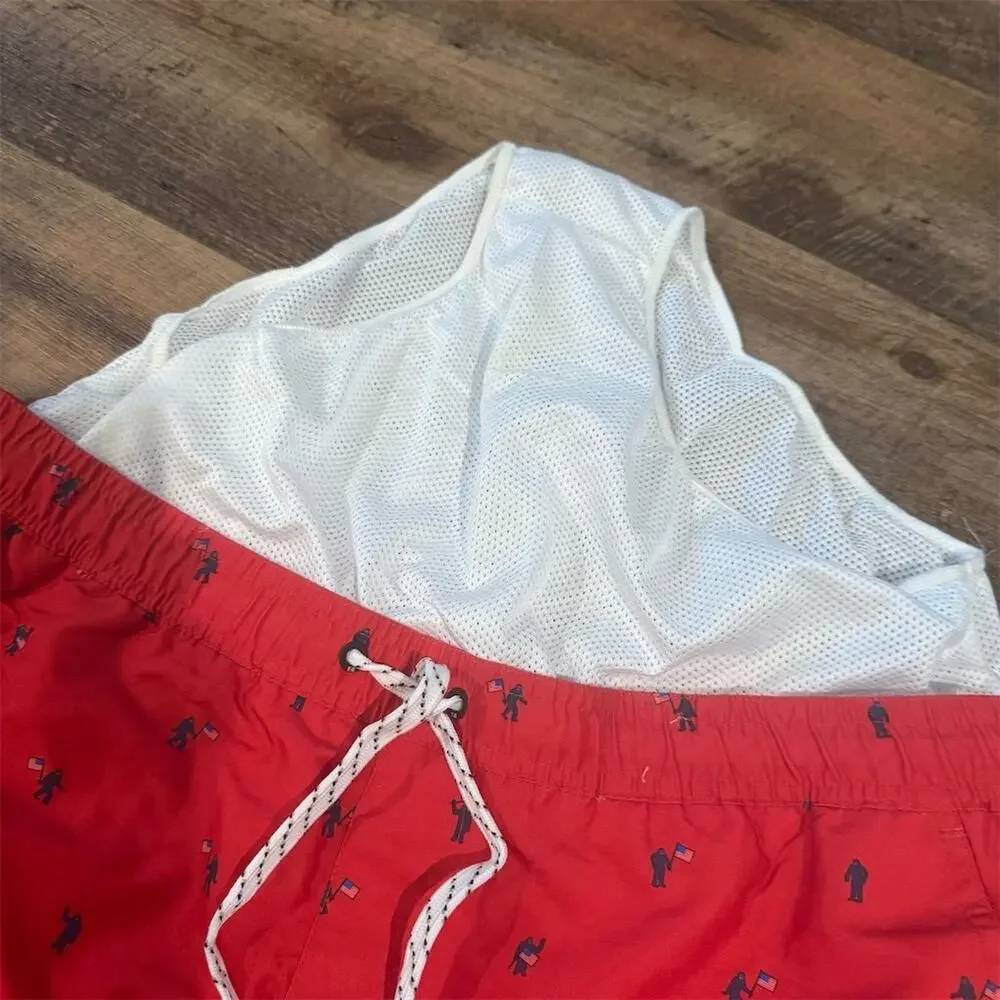Eddie Bauer Swim Trunks XL Red Sasquatch USA Flag Print Quick-Dry SPF 50+ Beach